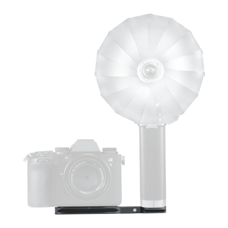 Godox FB01 Camera Mount Flash Bracket with a LUX Master flash and modern mirrorless camera mounted to it