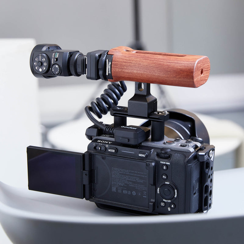 Godox GAC-IC13 Hotshoe Extension Cable Camera Shoe Mount being used to mount a microphone to a crossbar