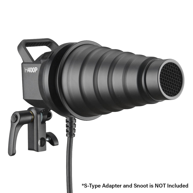 Godox H400P Extension Head for the AD400Pro and AD400ProII With  Bowens S-Type Adapter and a snoot Attached