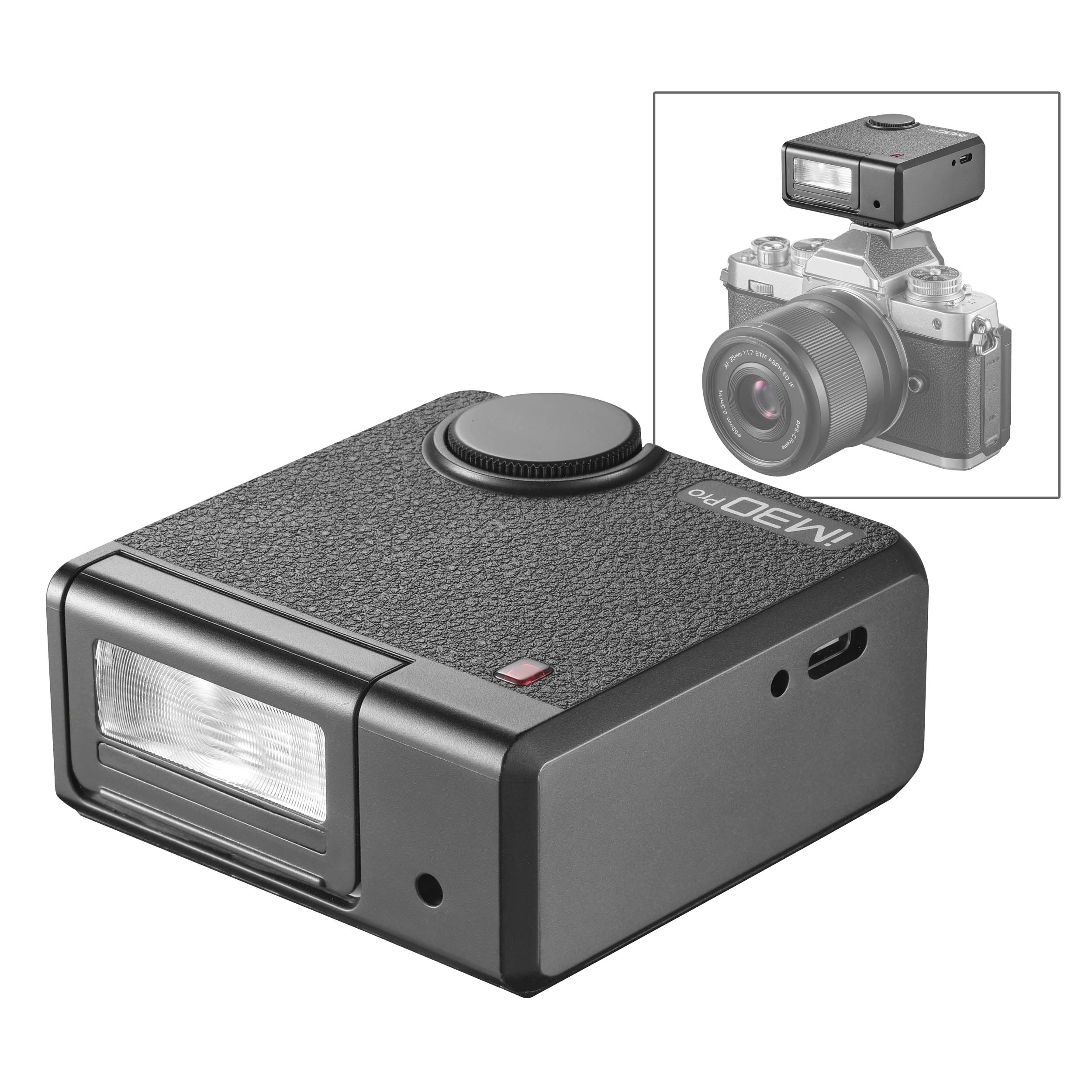 A Godox iFlash iM30Pro and a small inset image showing it mounted to a camera.