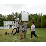GODOX LF100MPY Motorised Yoke for KNOWLED LiteFlow100 Cine Reflector Panels being mounted to a wind up stand by a film crew