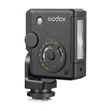 Godox Lux Junior II flash in its vertical position shown on a clean white background (Three-Quarter View)