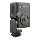 Godox Lux Junior II flash in its vertical position shown on a clean white background (Three-Quarter back View)