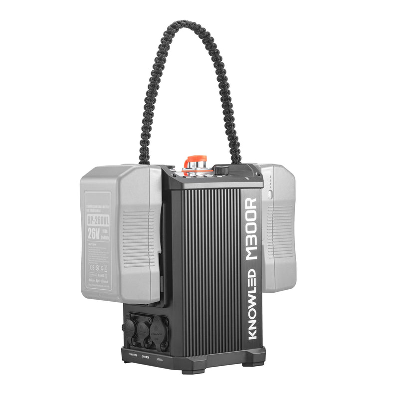 GODOX KNOWLED M300R ip54 Weather-Resistant RGB LED Cine Light's Controller Box with V-Mount batteries attached