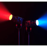 Two Godox M300R shining lights of different colours