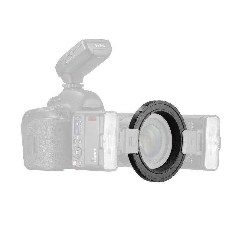 MF-AR Lens Mounting Adapter for MF12 Macro Flash Mounted to a Camera with 2x MF12 Flashes mounted to it