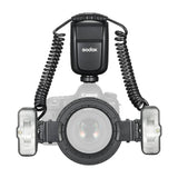 Godox MF-T76 Twin-Head Macro Flash mounted to a greyed-out camera (Front View)