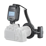 Godox MF-T76 Twin-Head Macro Flash mounted to a greyed-out camera (Three-Quarter Back View)