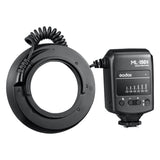 Godox ML-150 II ring light and power transmitter on a white background