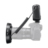 Camera with a Godox ML-150II Ring Flash attached on a white background (Side View)