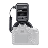 Camera with a Godox ML-150II Ring Flash attached on a white background (Back View)