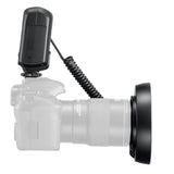 Camera with a Godox ML-150II Ring Flash attached on a white background (Right Side View)