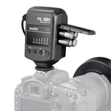 Godox ML-150II macro ring flash attached to a camera with four AA batteries coming out of the side
on a white background.