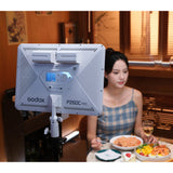 Godox P260C Pro Edge-Lit Bi-Colour LED Panel  with NP-F-Series Batteries installed use to illuminate a film set