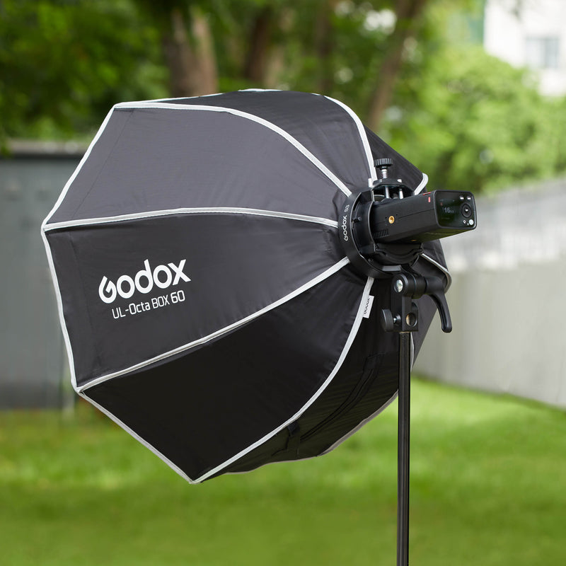 Godox S3 S-Type speedlite Flash Bracket mounted to a light stand, with an AS200ProII flash and UL-octa Box60 attached to it