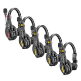 Four Godox SkyTalk Air Remote Headsets, with one Master Head set on  white background