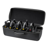 A Godox SkyTalk Air Stroage case open showing all  five headsets and accessories inside on a White Background