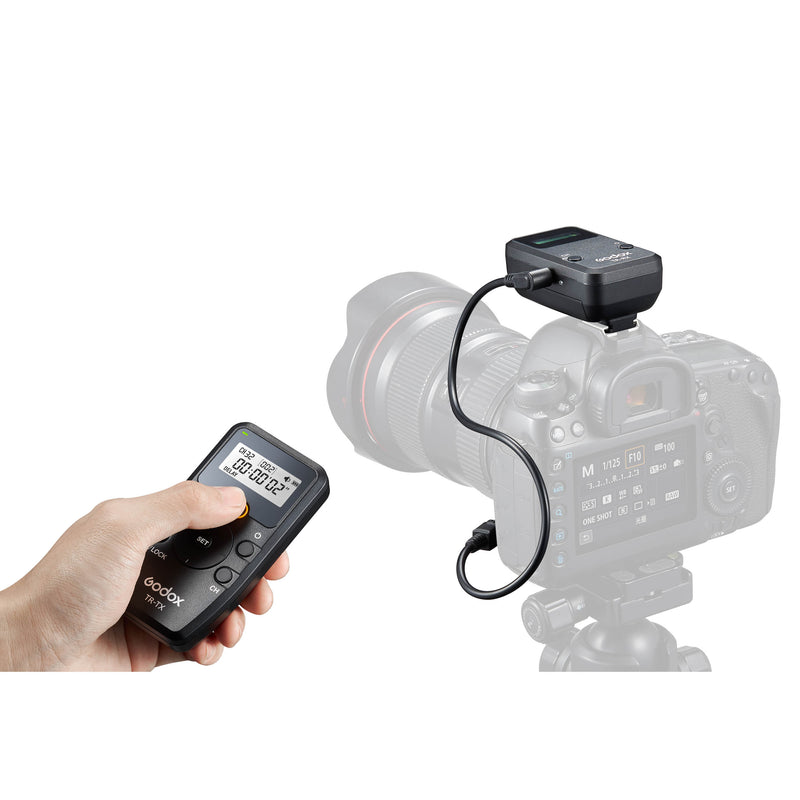 Godox TR-Series Remote Transmitter held in hand with receiver on camera