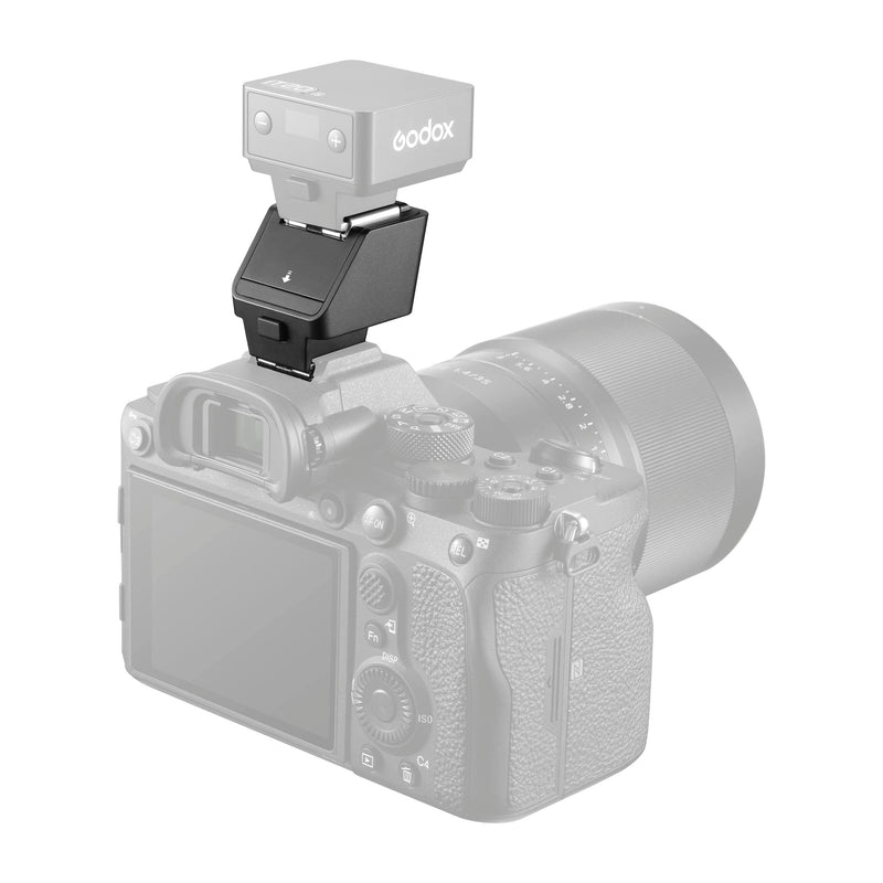 Godox TR TTL Hot Shoe Riser for Small Flashes Mounted to a Camera with a iT20 Flash Mounted to it (Back View)