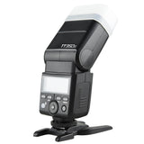 The Godox TT350 Compact Speedlite  Three-Quarter Back View with diffuser attached