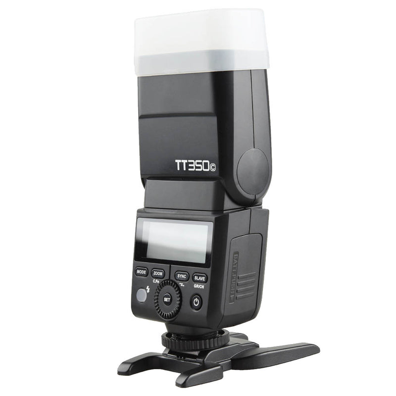 The Godox TT350 Compact Speedlite  Three-Quarter Back View with diffuser attached and head pointing straight up