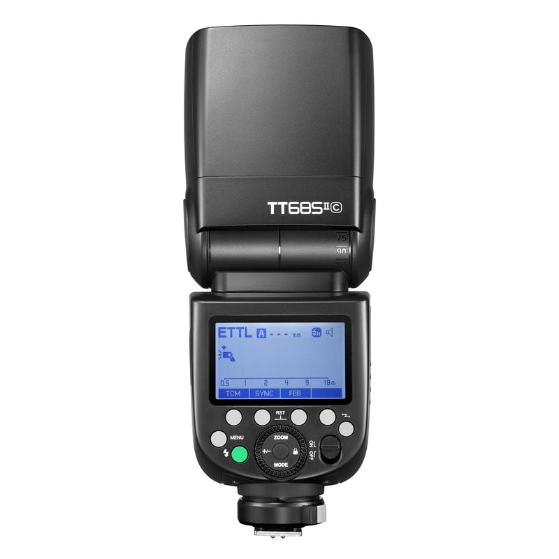 Godox TT685II speedlite (Back View with LCD Screen and Head Pointed Upwards)