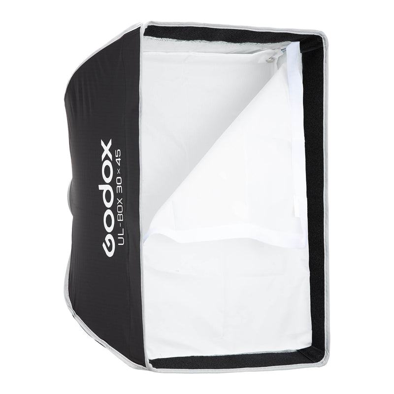 Godox UL-BOX-3045 30x45cm Rectangular Softbox with front diffuser half taken off to show inner diffuser