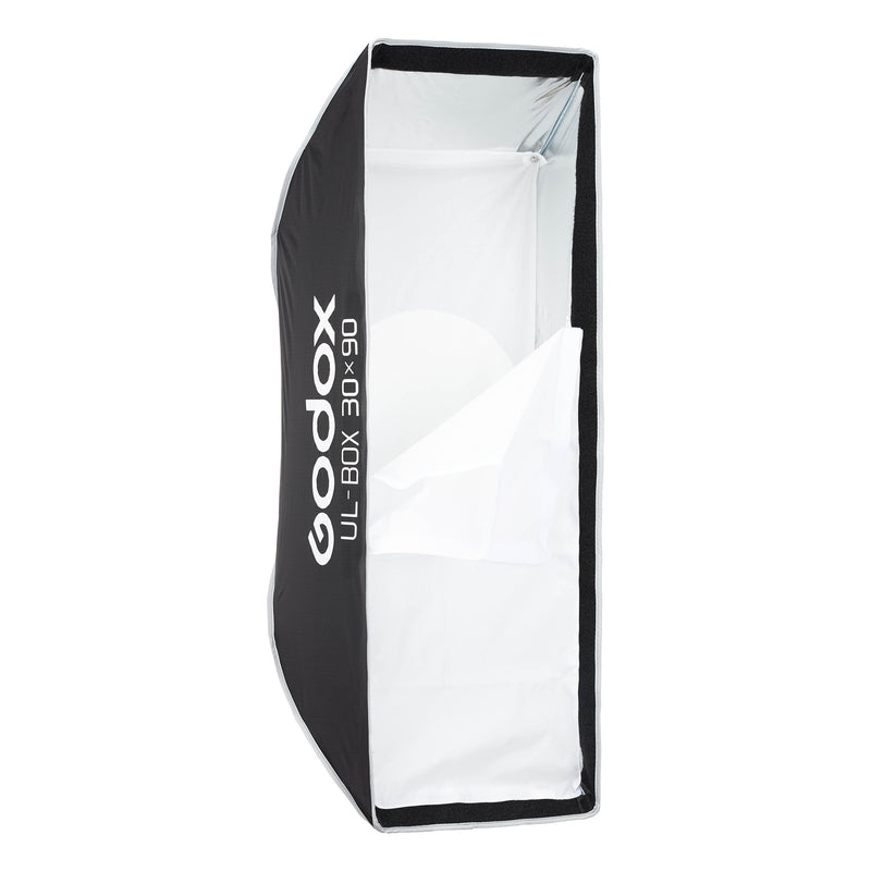Godox UL-BOX-3090 30x90cm Strip Softbox with front diffuser half taken off to show inner diffuser