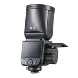 Godox V1mid Compact Round-Head TTL Speedlite (Three-Quarter Back View with Battery Sticking Out)