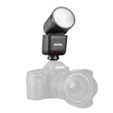 Godox V1mid Compact Round-Head TTL Speedlite Mounted to a camera