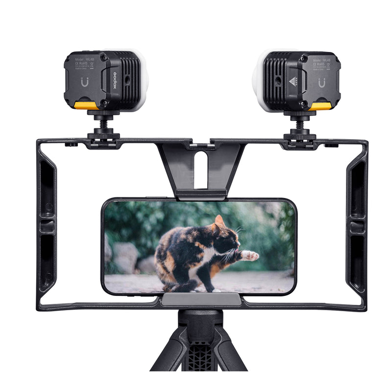 Two GODOX WL4B  IPX8 Waterproof LED Lights on a smartphone rig