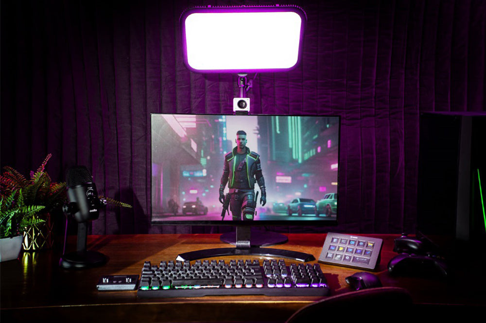 Gaming desk setup with RGB lighting