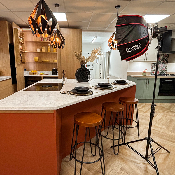 Godox AD200ProII Compact Lighting Kit set up in a kitchen scene. With thanks to Matthew James Kitchens.