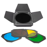 PiXAPRO Universal  Barn Doors with colour gels on a white background
