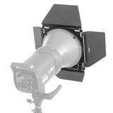 PiXAPRO Universal  Barn Doors mounted to a studio light viewed from the back