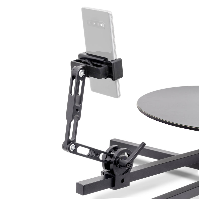 PiXAPRO 360° rotating Stand Panoramic Manual Turntable camera mounting arm with smartphone mounted to it