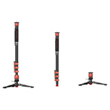 iFootage Cobra 3 Carbon Fibre Monopod with Pedal-Release Mini Tripod Base (C180F-P) Triple Image showing Full Set-up, Monopod and Pedal BAse