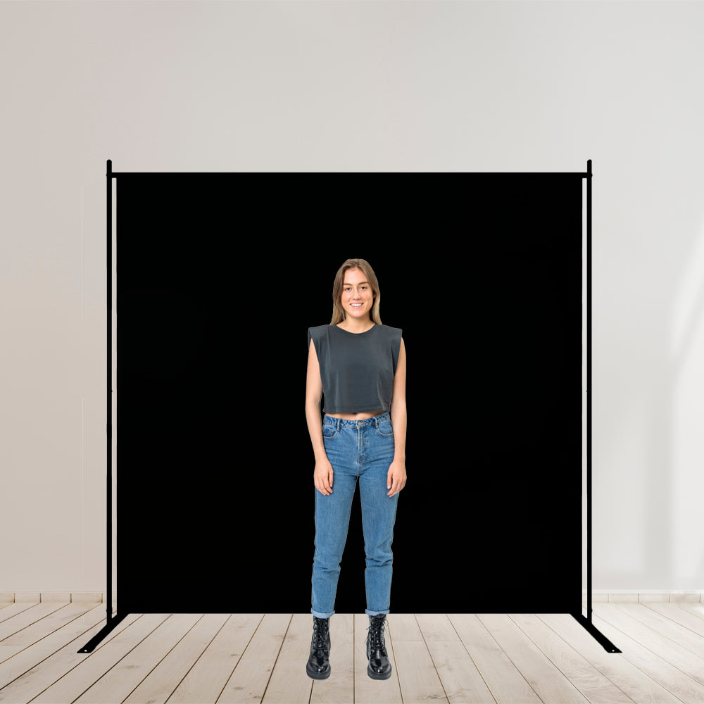 Large Black Single Panel Folding Portable Photography Backdrop with Stands Model Posing Infront of Background