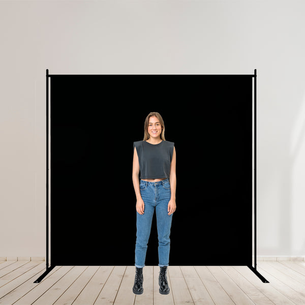 Large Black Single Panel Folding Portable Photography Backdrop with Stands Model Posing Infront of Background