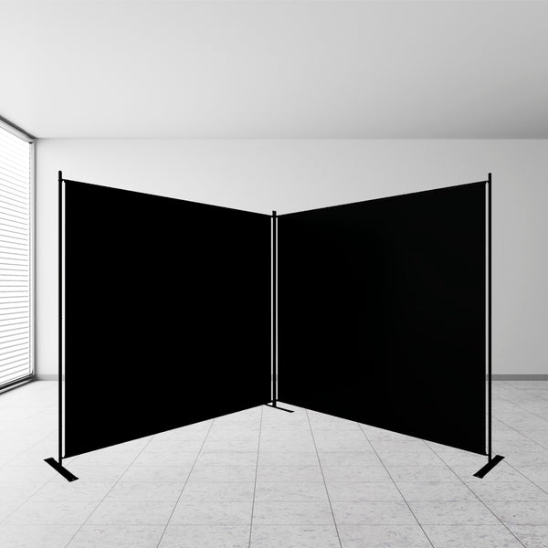 Extra Large Black Twin Panel Folding Photography Background with Stands Folded at 90 Degree Angle in room