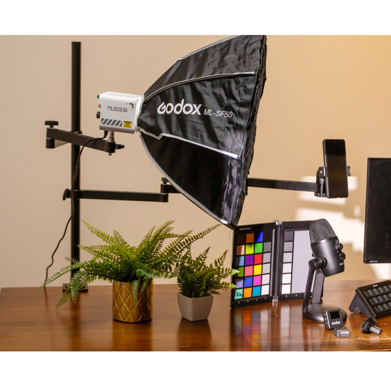 PiXAPRO Tabletop Gear Tree Clamp Sand in use with a light and smartphone mounted to it