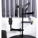 PiXAPRO Tabletop Gear Tree Clamp Sand mounted to a table with microphone, light and smartphone mounted to it