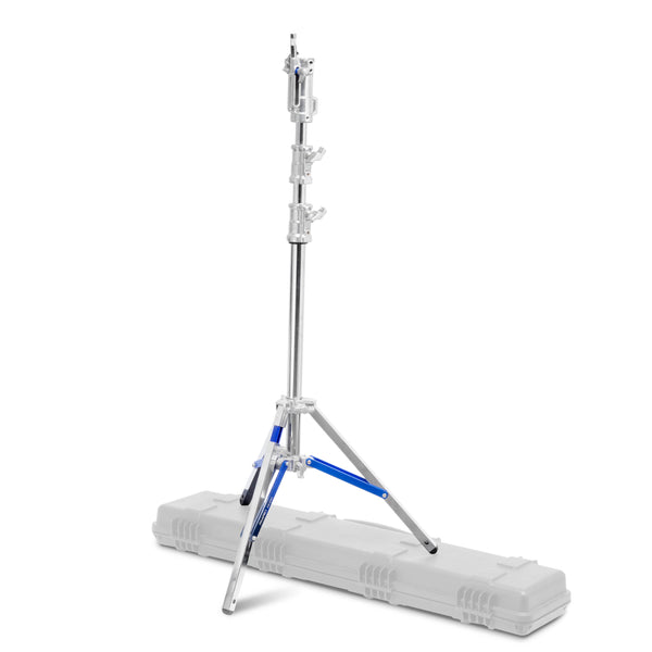 PiXAPRO 322cm Stainless-Steel Dual-Riser combo Stand with Levelling Leg standing on a hard case