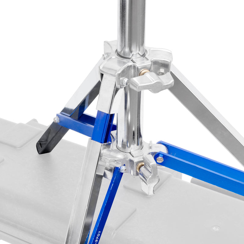 Close Up of PiXAPRO 322cm Stainless-Steel Dual-Riser combo Stand with Levelling Leg standing on a hard case