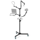 PiXAPRO 5-in-1 Gear Tree Stand shown supporting a ring light, microphone, laptop, camera and projector