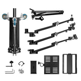 PiXAPRO Gear Tree Stand components with folded wheeled base, four mounting arms, trays and assembly tools