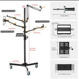 PiXAPRO 151cm Gear Tree Stand dimension diagram showing adjustable height, arm lengths and tray sizes