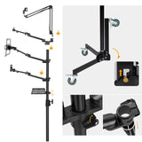 PiXAPRO Gear Tree Stand assembly diagram showing arm clamps, folding legs and locking mechanism