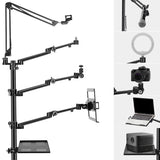 PiXAPRO Gear Tree Stand mounting options illustrated with a microphone, ring light, camera, laptop and projector