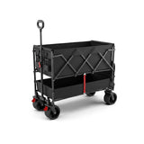 PiXAPRO Foldable Trolley Cart with a two-tiered storage design, featuring a black metal frame, four wheels, a telescoping handle, and red lockout/lock mechanisms on the wheels and side straps.